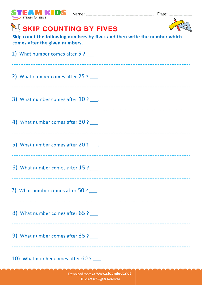 Free Math Worksheet - Counting by fives - Worksheet 3