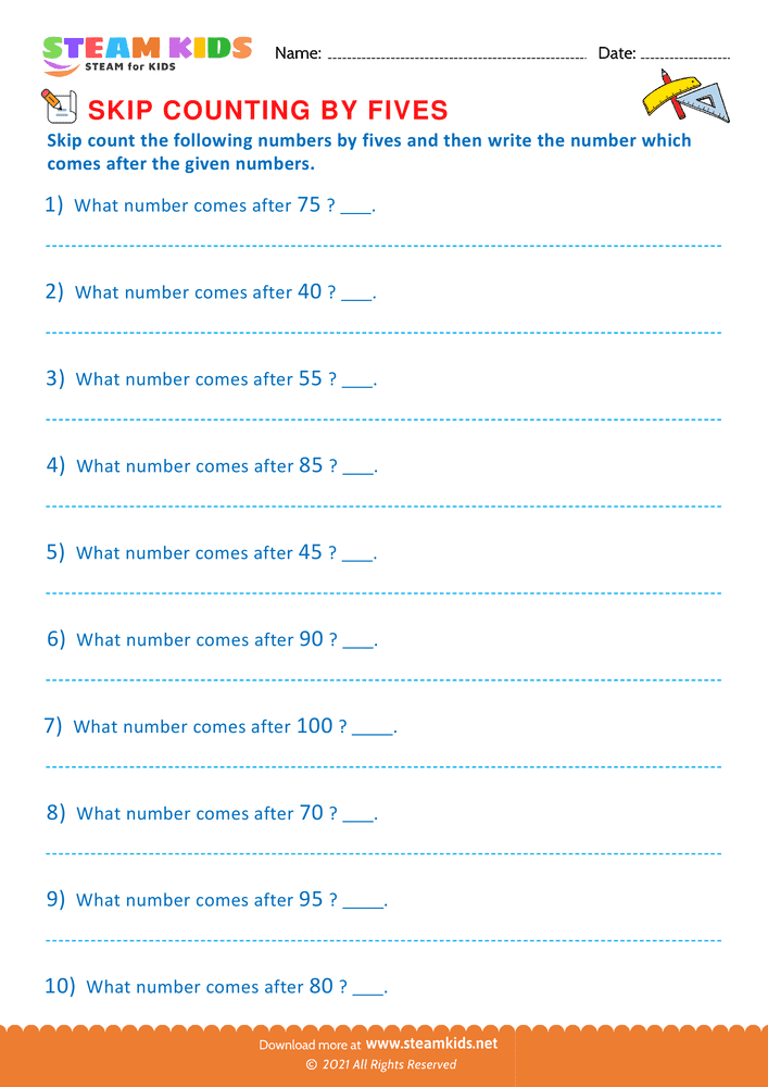Free Math Worksheet - Counting by fives - Worksheet 4