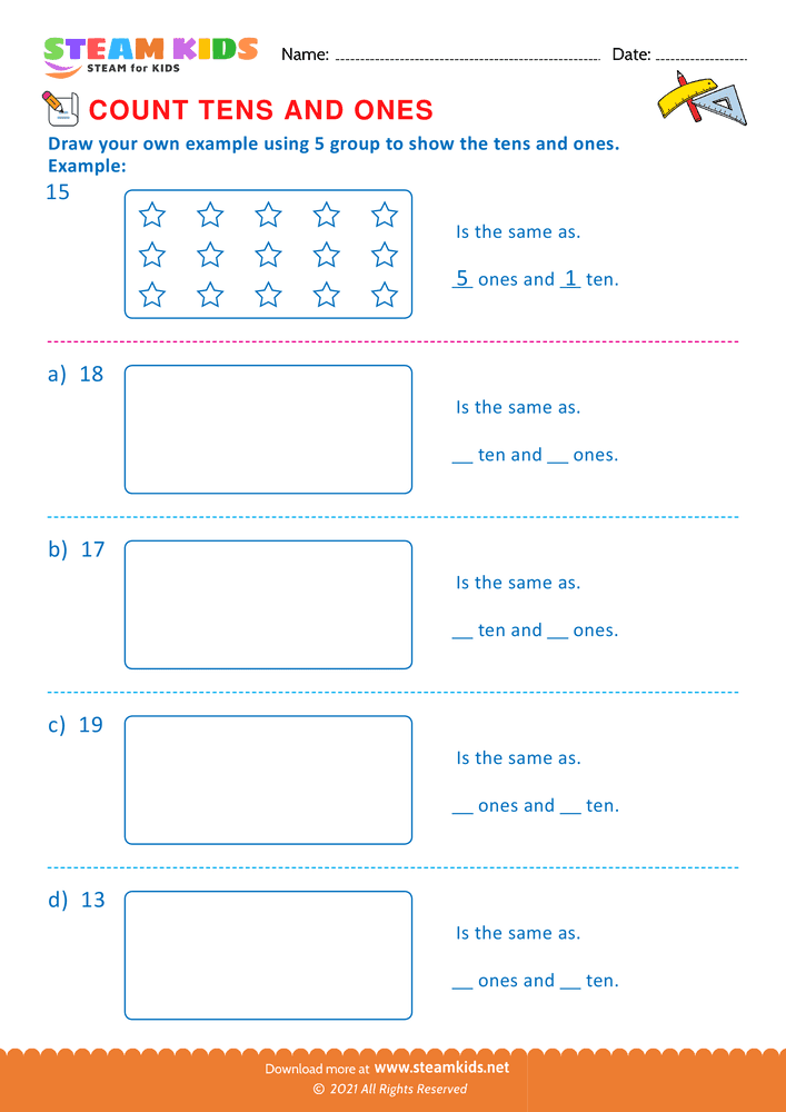 Free Math Worksheet - Draw 5 group to shows upto 20 - Worksheet 1