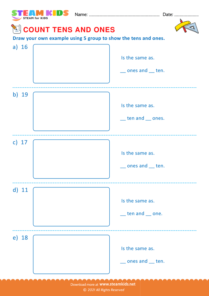 Free Math Worksheet - Draw 5 group to shows upto 20 - Worksheet 2