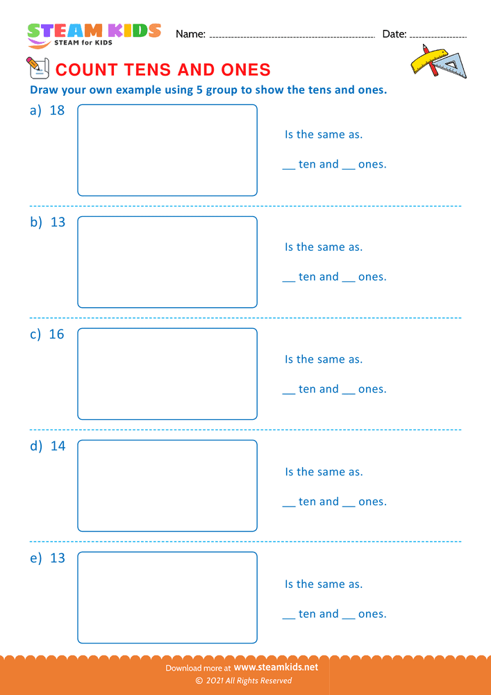 Free Math Worksheet - Draw 5 group to shows upto 20 - Worksheet 7