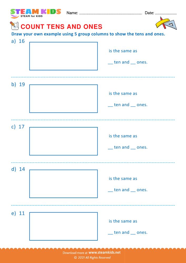 Free Math Worksheet - Count tens & ones upto 20 - Worksheet 12