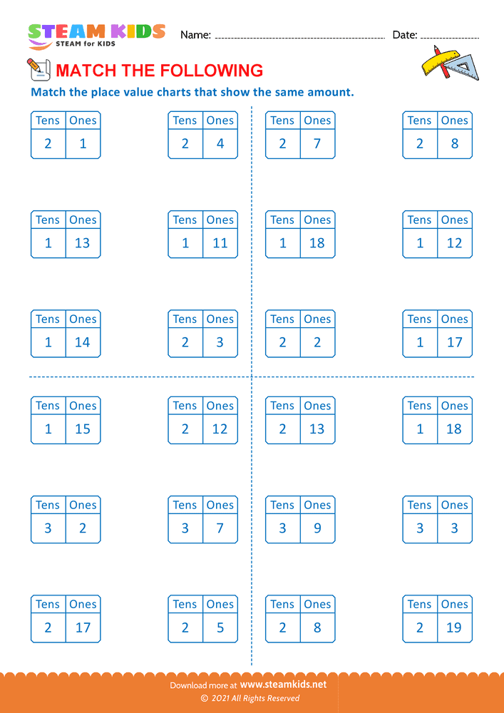 Free Math Worksheet - Match the following - Worksheet 7