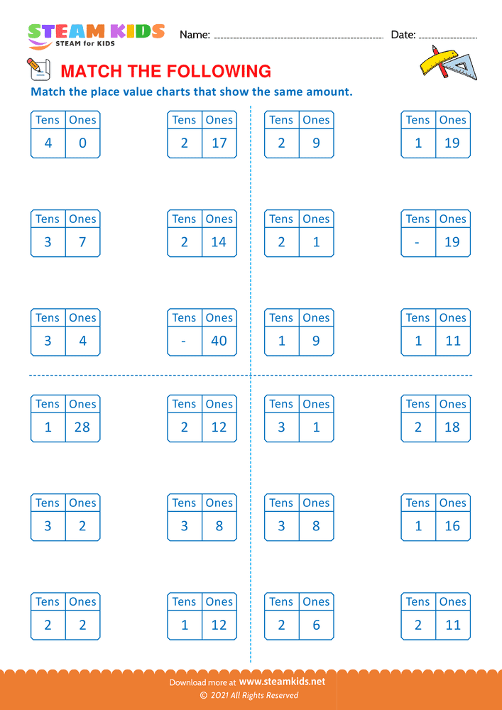 Free Math Worksheet - Match the following - Worksheet 9