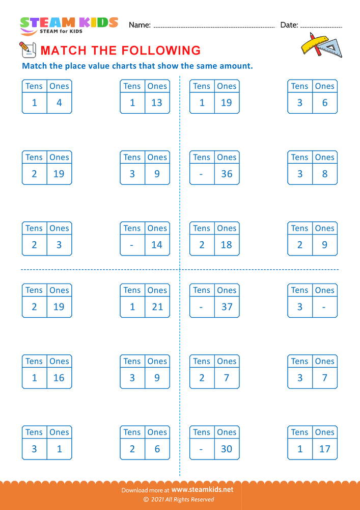 Free Math Worksheet - Match the following - Worksheet 10