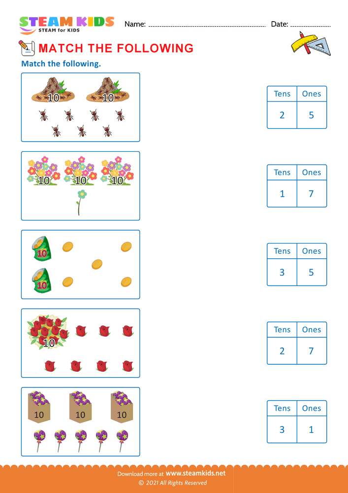 Free Math Worksheet - Match the following - Worksheet 21