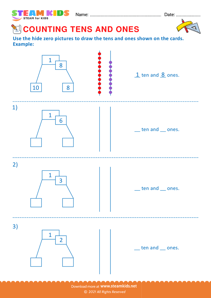 Free Math Worksheet - Zero pictures to draw tens and ones - Worksheet 1