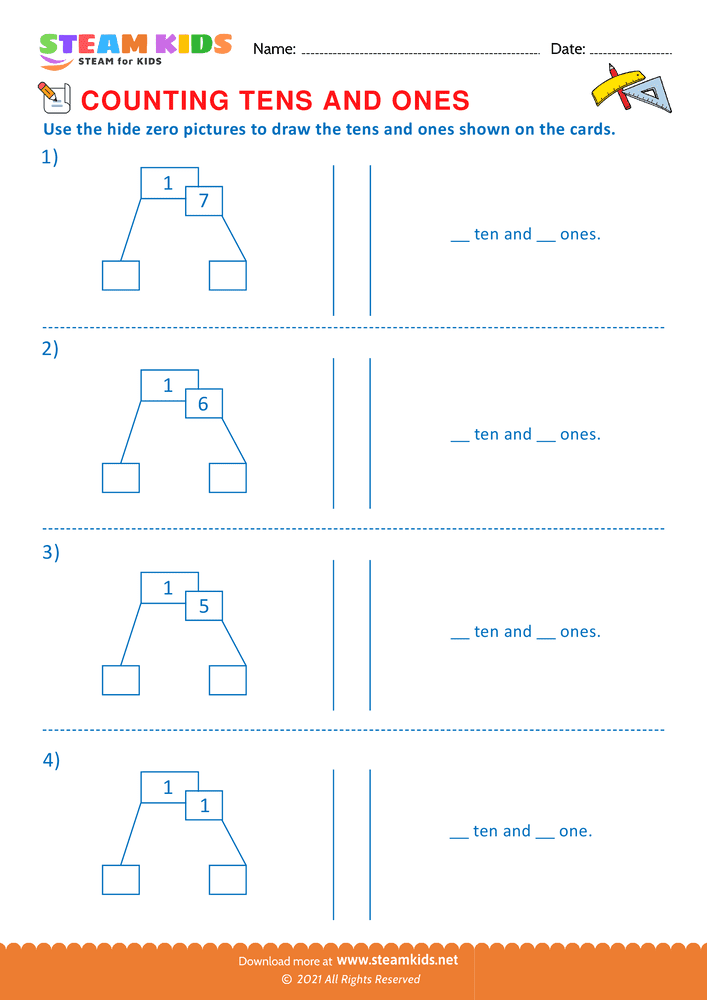 Free Math Worksheet - Zero pictures to draw tens and ones - Worksheet 2