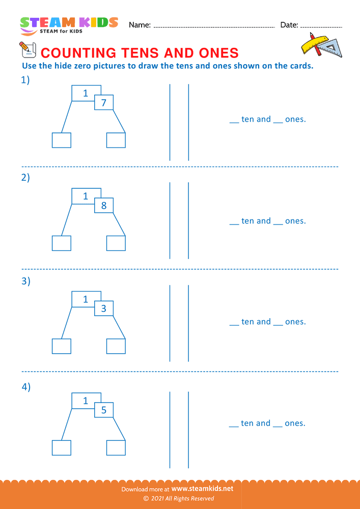 Free Math Worksheet - Zero pictures to draw tens and ones - Worksheet 3