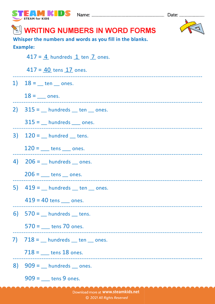 Free Math Worksheet - Reading or Writing Number in Two Ways - Worksheet 1