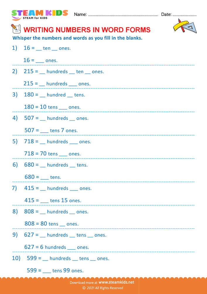 Free Math Worksheet - Reading or Writing Number in Two Ways - Worksheet 2