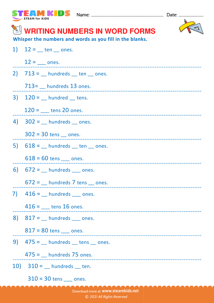 Free Math Worksheet - Reading or Writing Number in Two Ways - Worksheet 3