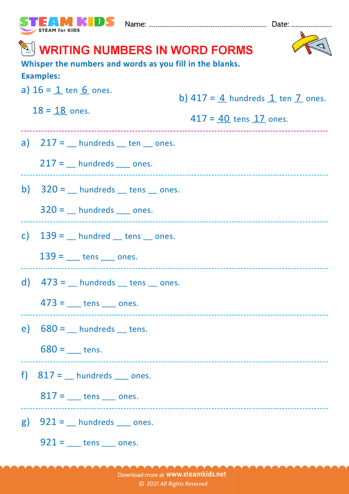 Free Math Worksheet - Reading or Writing Number in Two Ways - Worksheet 4