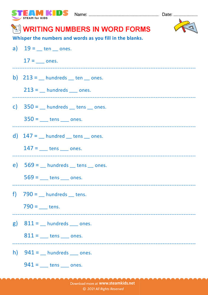 Free Math Worksheet - Reading or Writing Number in Two Ways - Worksheet 7