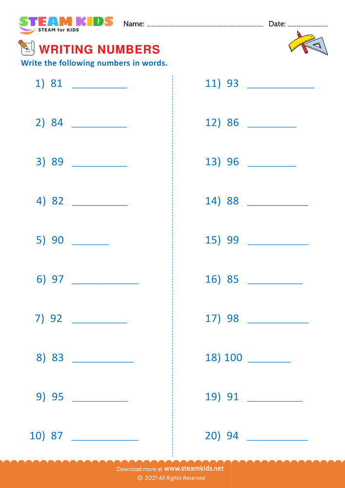 Free Math Worksheet - Write number in words - Worksheet 9