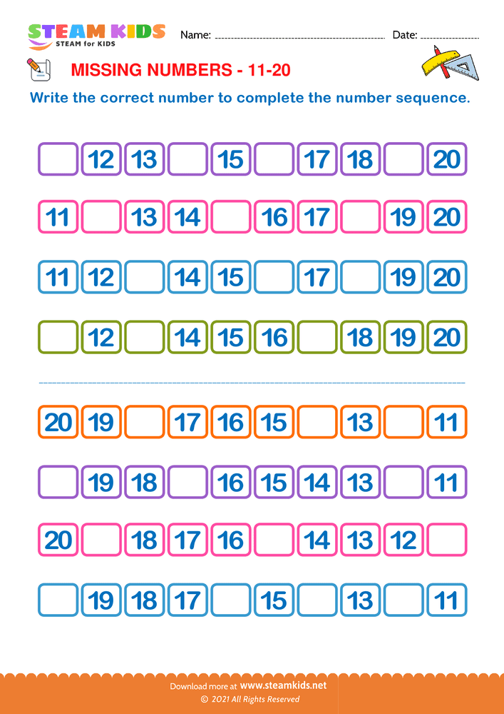 Free Math Worksheet - Identify Missing numbers 11 to 20
