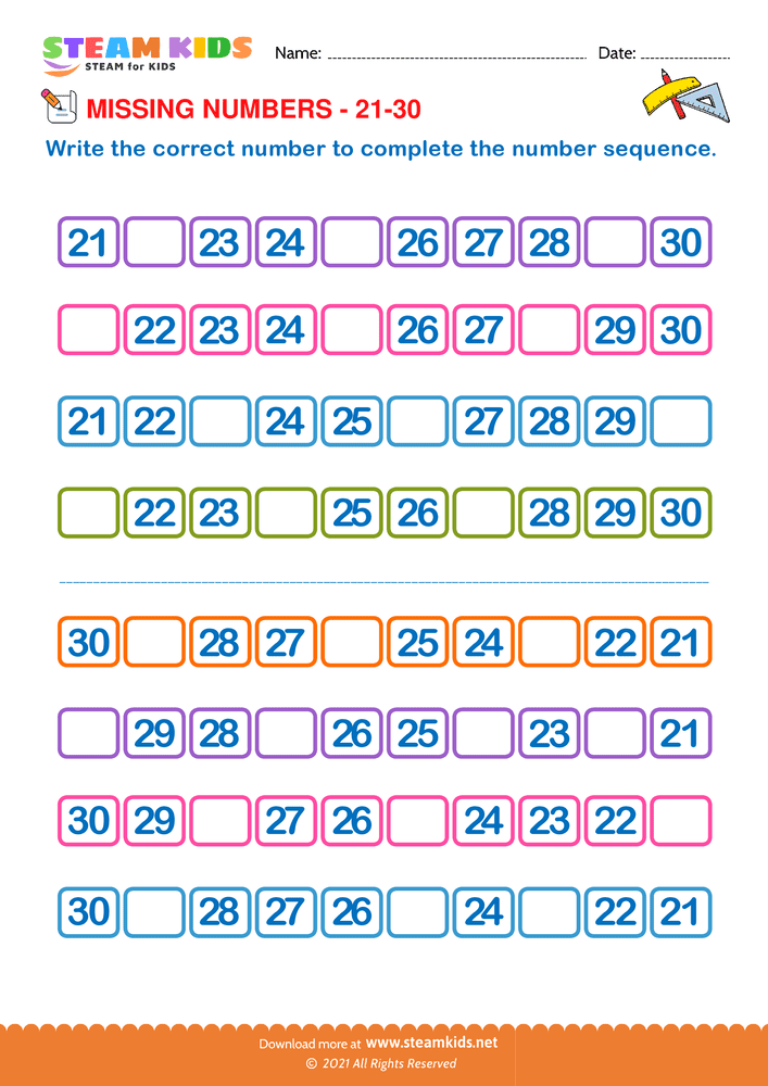 Free Math Worksheet - Identify Missing numbers 21 to 30