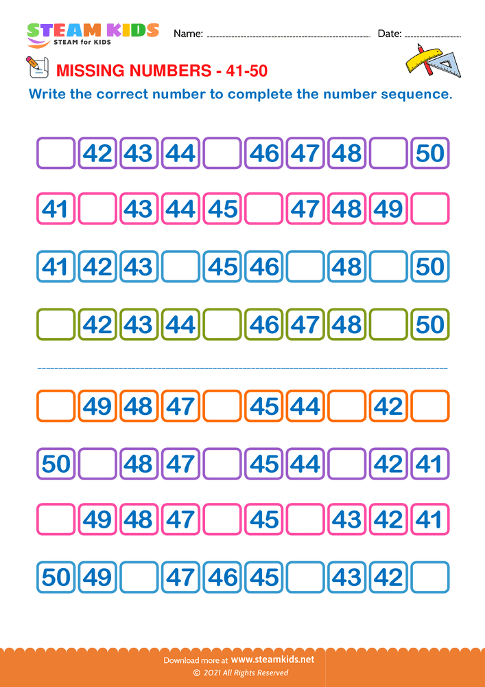 Free Math Worksheet - Identify Missing numbers 41 to 50