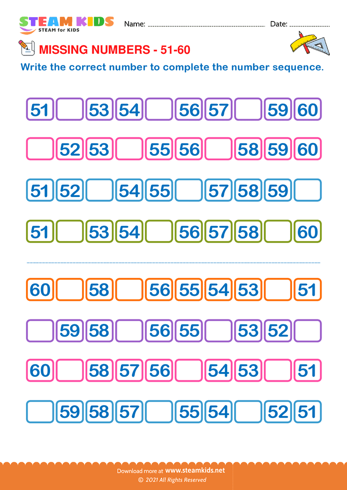 Free Math Worksheet - Identify Missing numbers 51 to 60