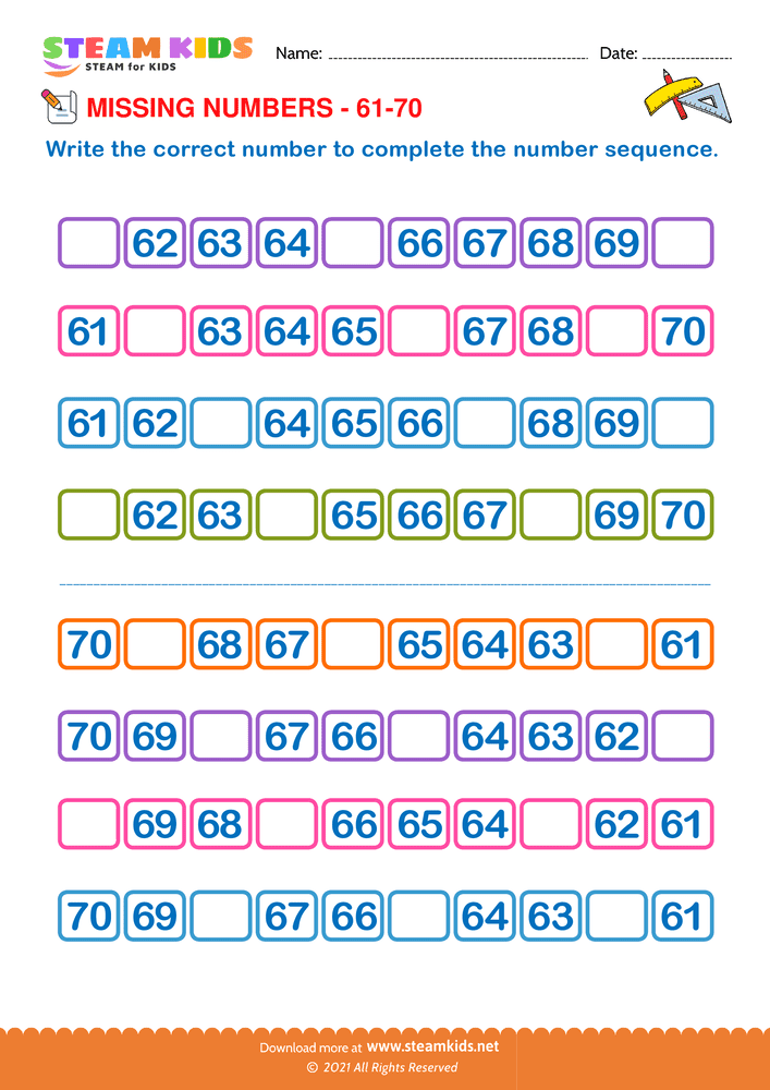 Free Math Worksheet - Identify Missing numbers 61 to 70