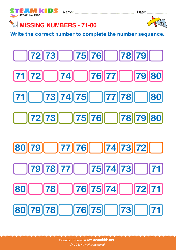 Free Math Worksheet - Identify Missing numbers 71 to 80