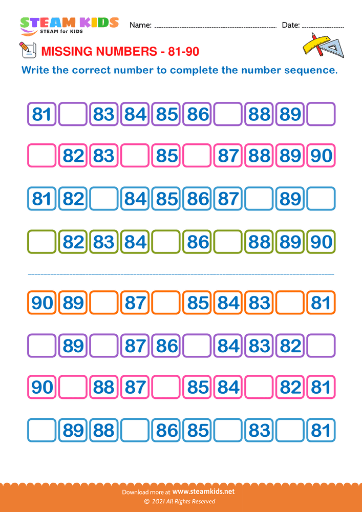 Free Math Worksheet - Identify Missing numbers 81 to 90