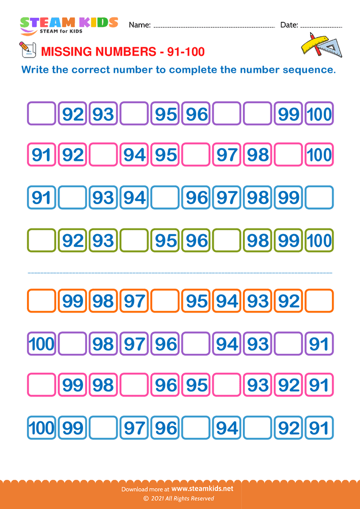 Free Math Worksheet - Identify Missing numbers 91 to 100