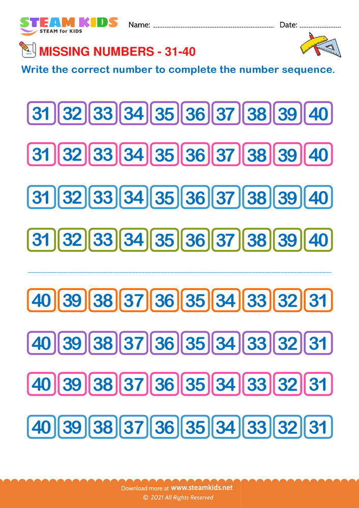 Free Math Worksheet - Identify Missing numbers 31 to 40