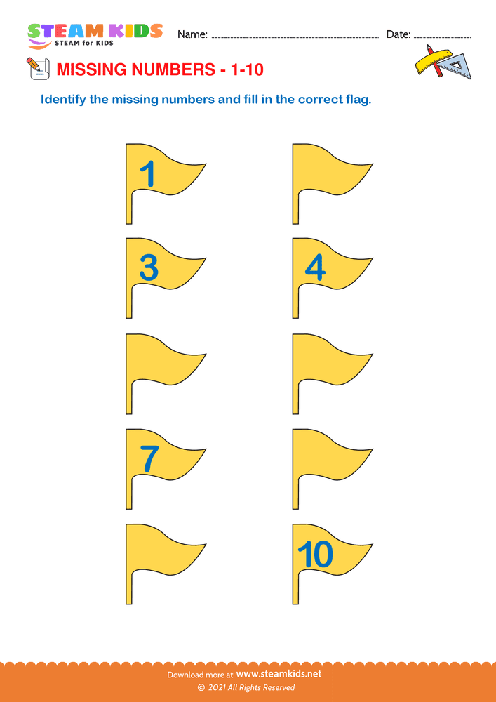 Free Math Worksheet - Identify Missing numbers 1 to 10