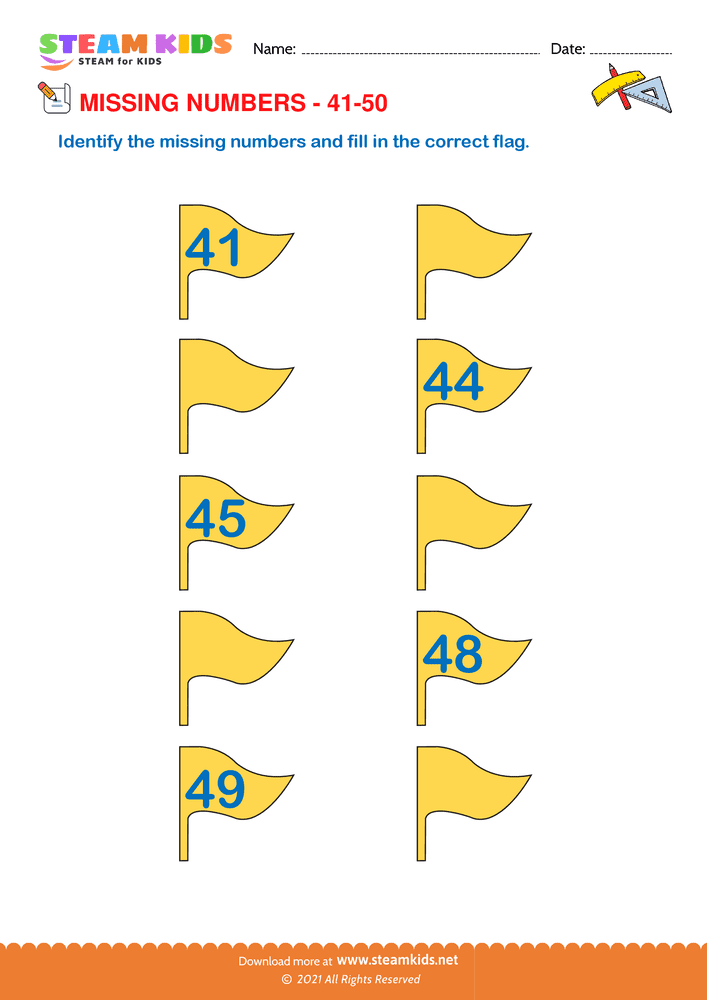 Free Math Worksheet - Identify Missing numbers 41 to 50