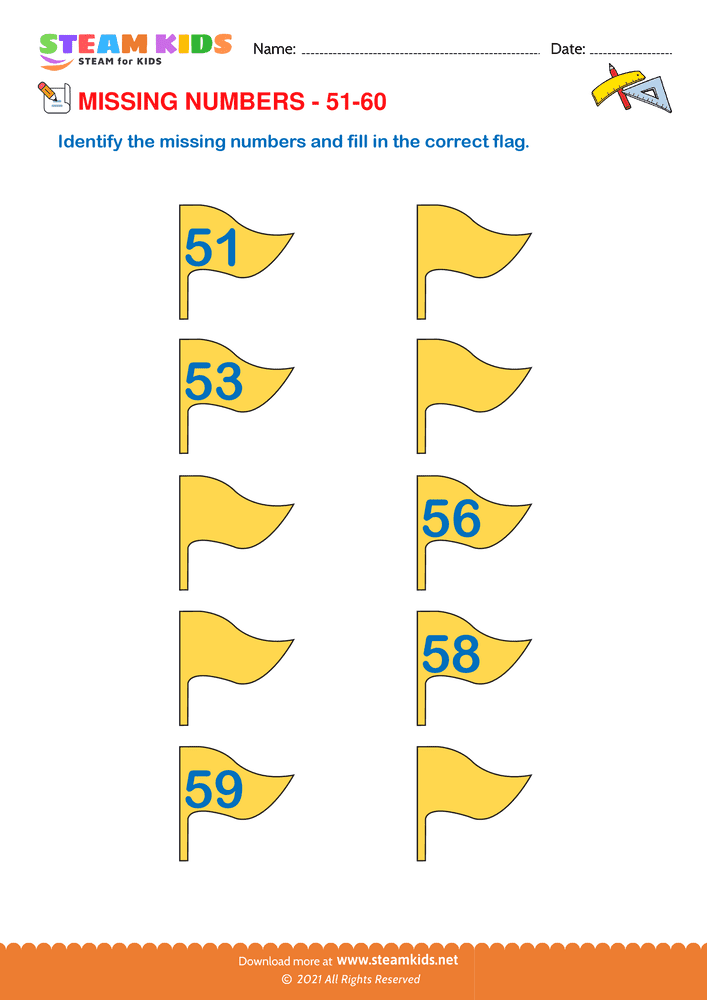 Free Math Worksheet - Identify Missing numbers 51 to 60