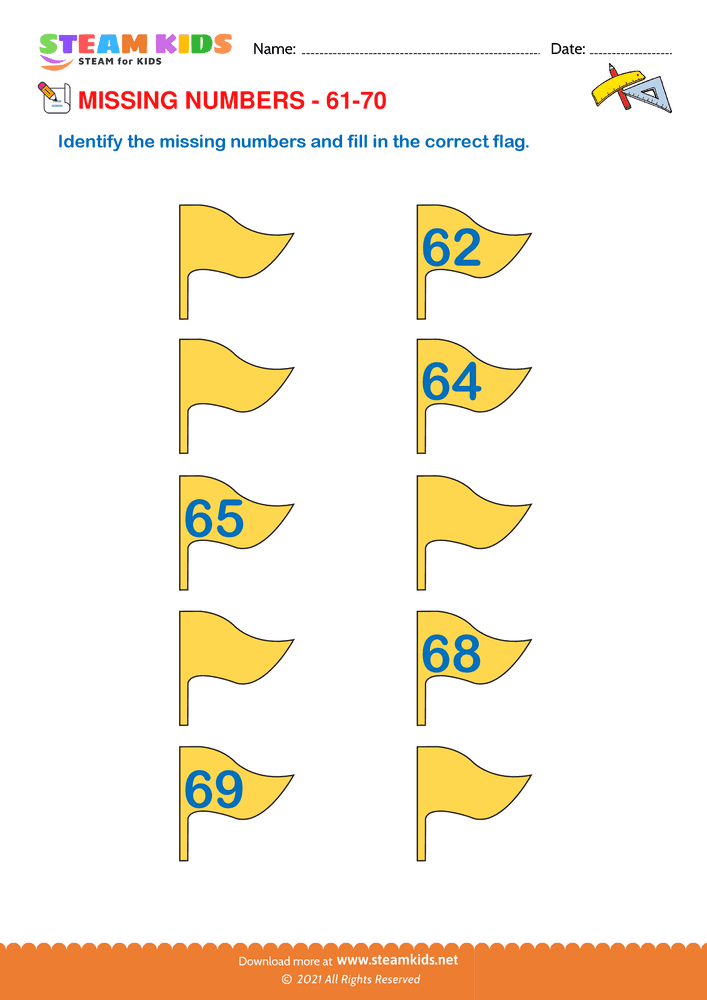 Free Math Worksheet - Identify Missing numbers 61 to 70