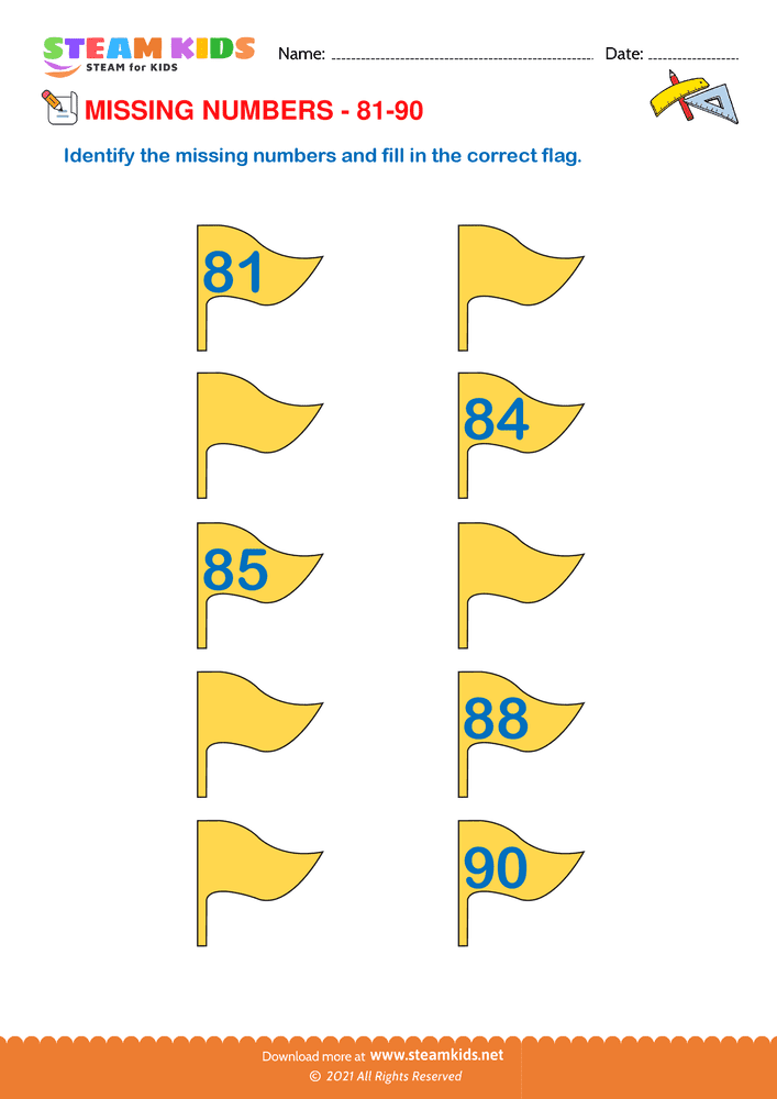 Free Math Worksheet - Identify Missing numbers 81 to 90