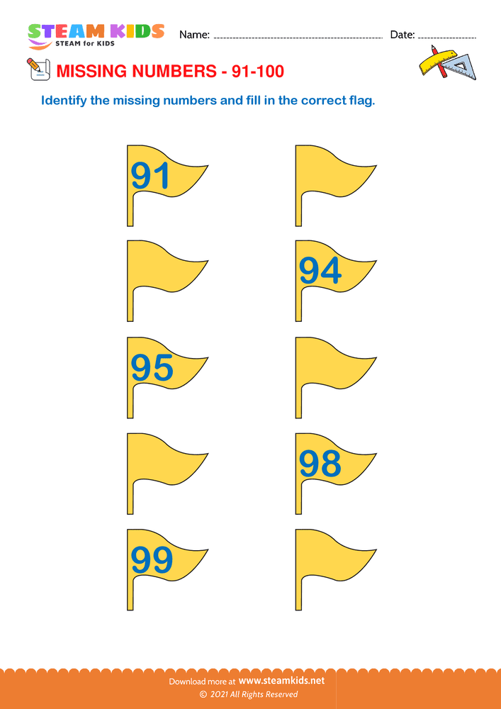 Free Math Worksheet - Identify Missing numbers 91 to 100