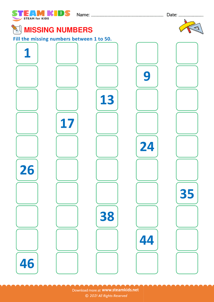 Free Math Worksheet - Missing Numbers - Worksheet 1