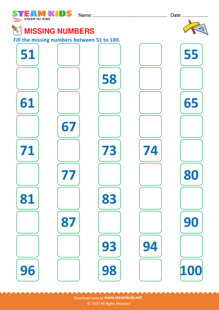 Free Math Worksheet - Missing Numbers - Worksheet 2