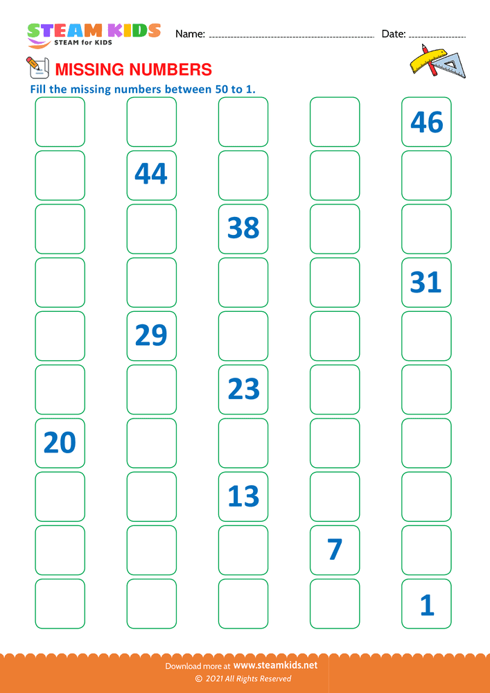 Free Math Worksheet - Missing Numbers - Worksheet 7