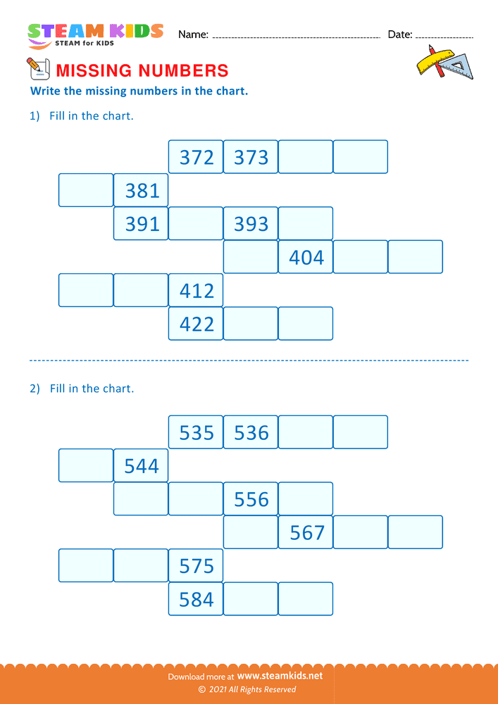 Free Math Worksheet - Missing Numbers - Worksheet 2
