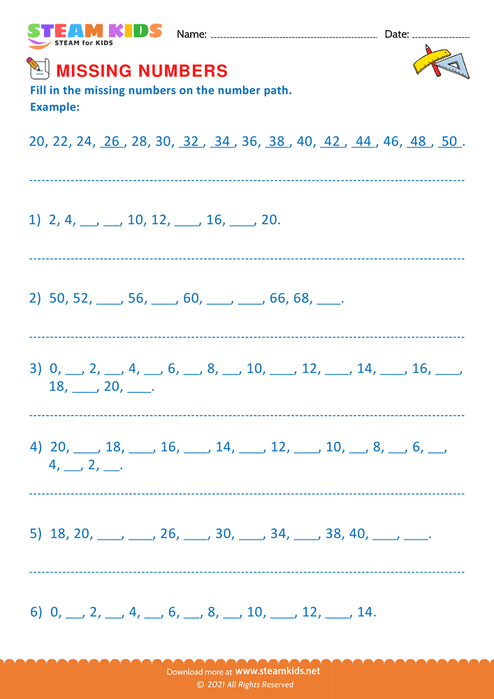 Free Math Worksheet - Missing Numbers - Worksheet 7