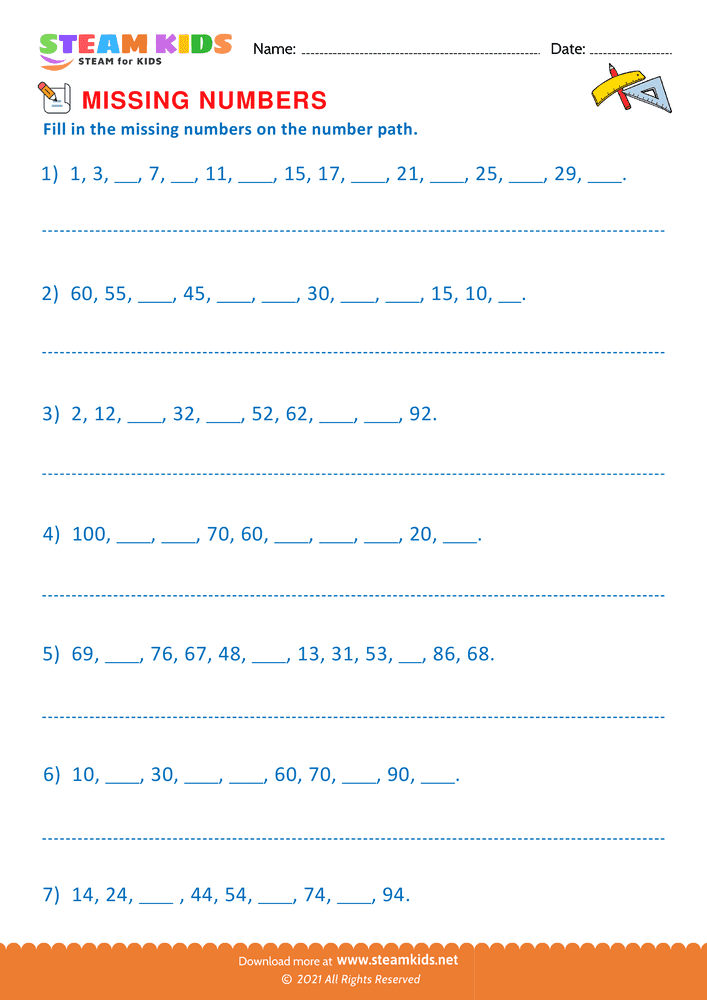 Free Math Worksheet - Missing Numbers - Worksheet 8