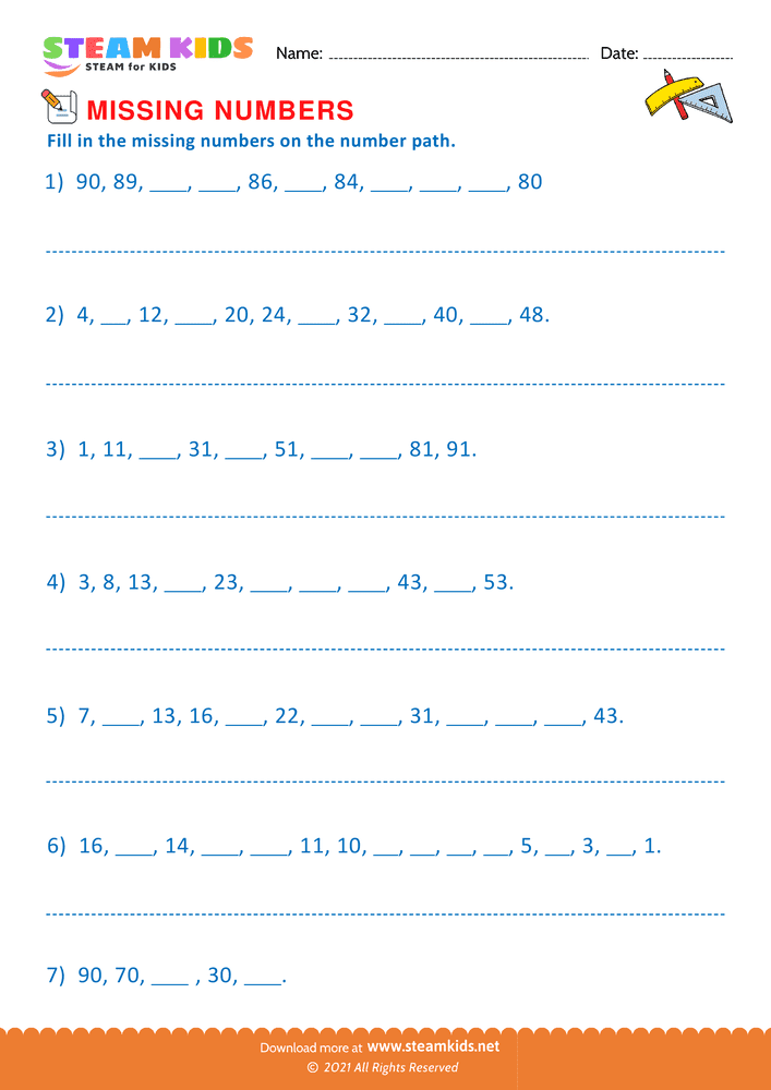 Free Math Worksheet - Missing Numbers - Worksheet 9