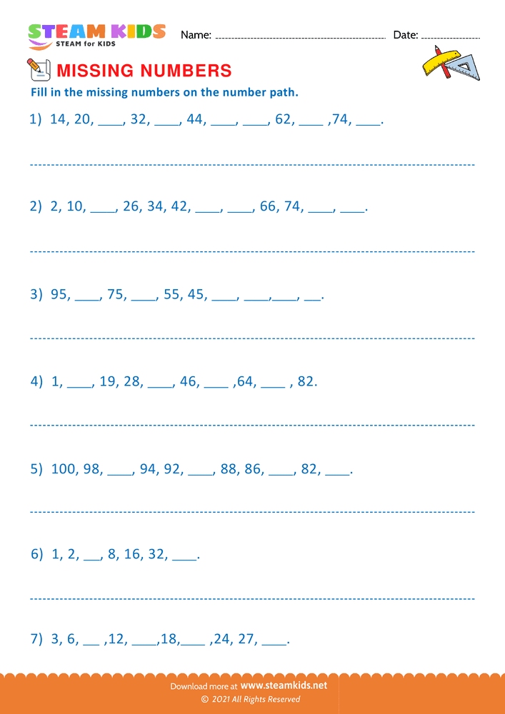 Free Math Worksheet - Missing Numbers - Worksheet 10