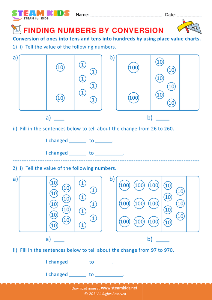 Free Math Worksheet - Conversion by using place value charts - Worksheet 6
