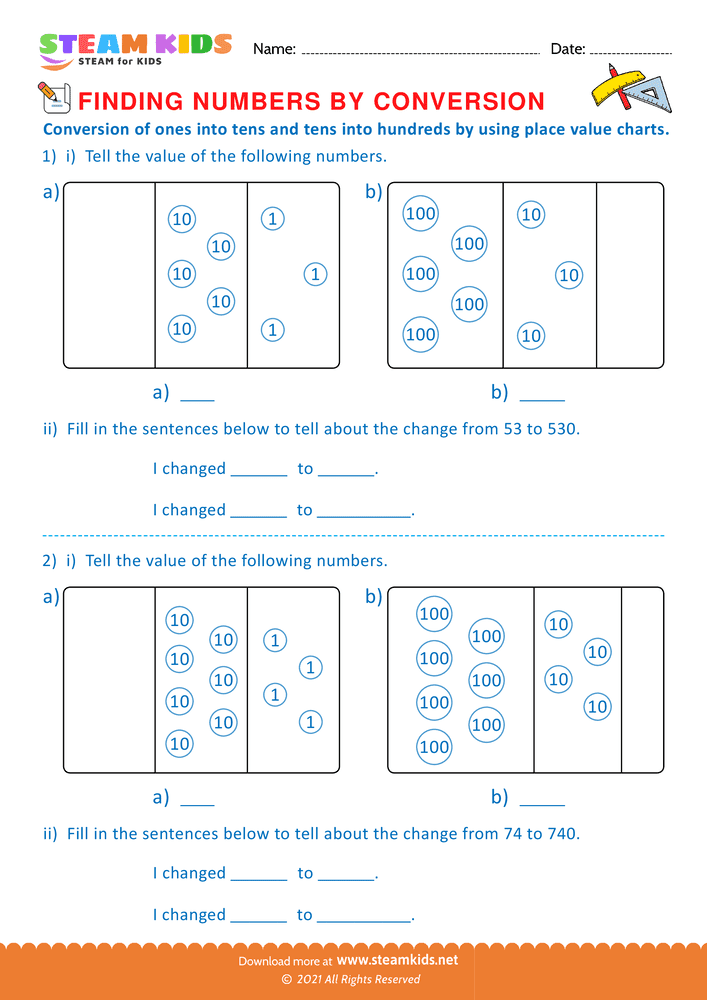 Free Math Worksheet - Conversion by using place value charts - Worksheet 10
