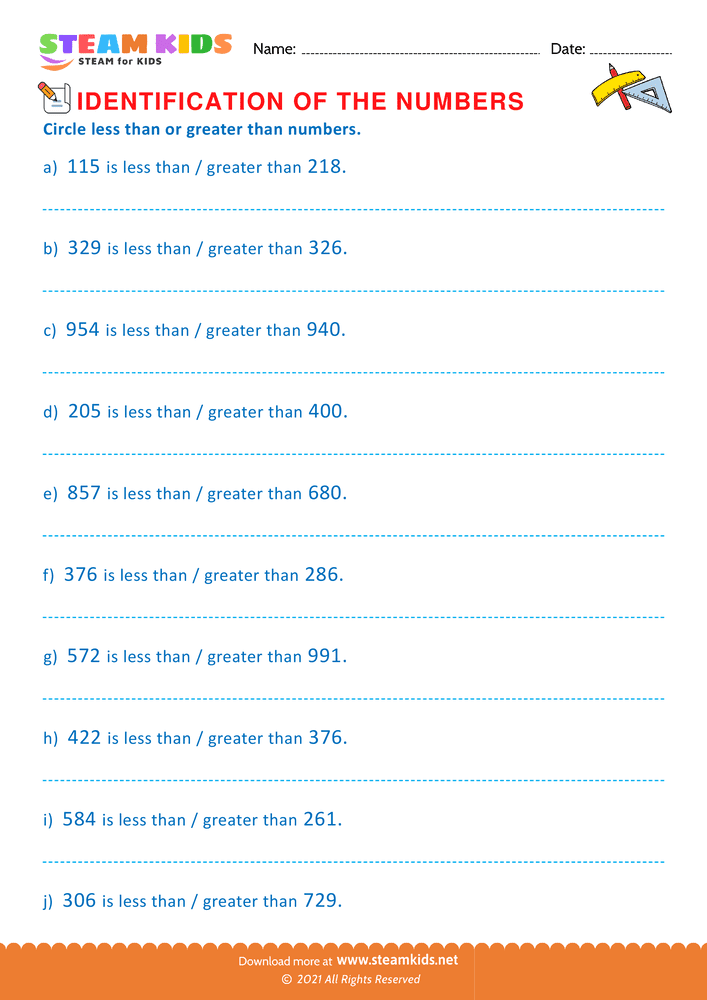 Free Math Worksheet - Find less and greater than - Worksheet 7