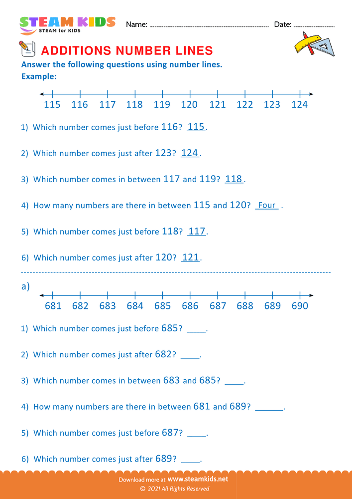 Free Math Worksheet - Additions using number lines - Worksheet 1