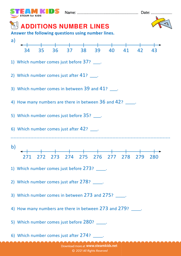 Free Math Worksheet - Additions using number lines - Worksheet 3