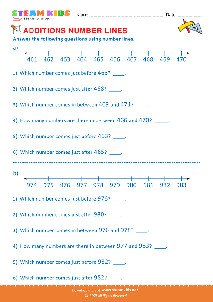 Free Math Worksheet - Additions using number lines - Worksheet 5