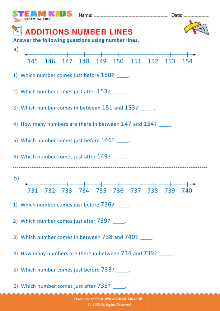 Free Math Worksheet - Additions using number lines - Worksheet 6