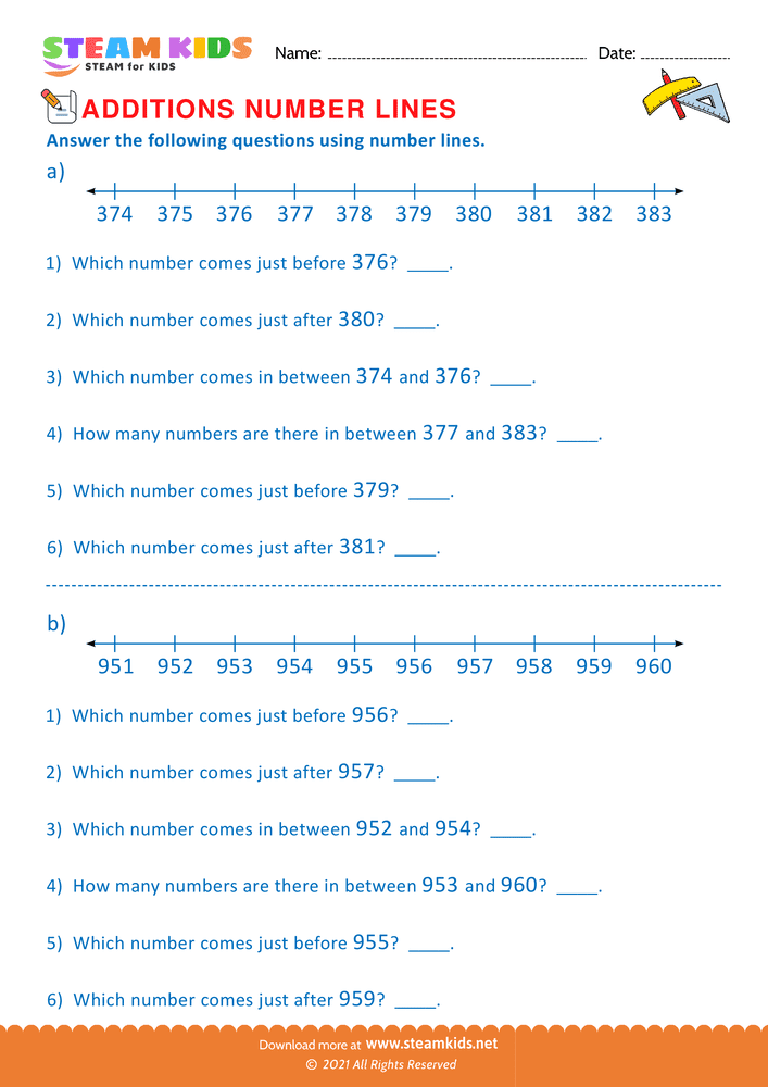 Free Math Worksheet - Additions using number lines - Worksheet 7